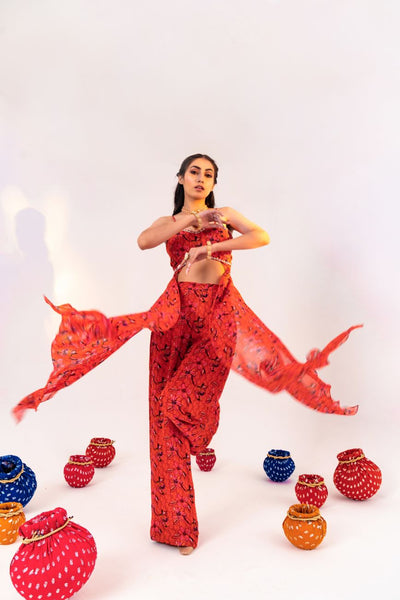 PRINTED BACK KNOT BLOUSE WITH SIDE PANELS AND STRAIGHT PANT SET