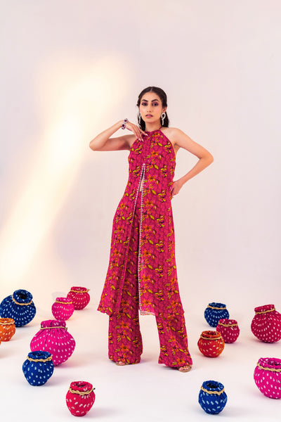 PRINTED CENTRE CUT HALTER NECK TUNIC AND STRAIGHT PANT SET