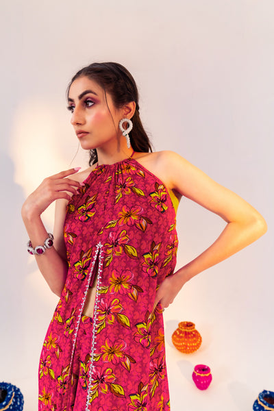 PRINTED CENTRE CUT HALTER NECK TUNIC AND STRAIGHT PANT SET