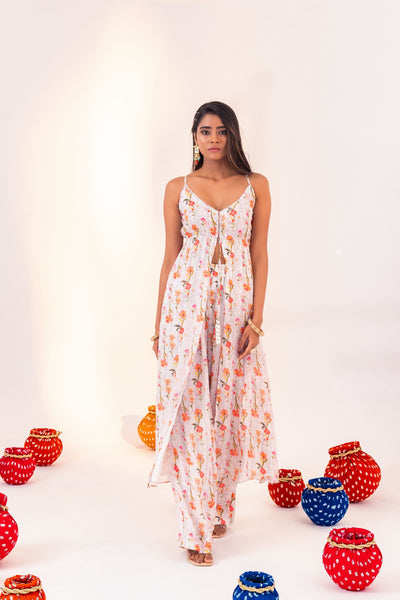 PRINTED CENTRE TIE-UP TUNIC AND STRAIGHT PANT SET