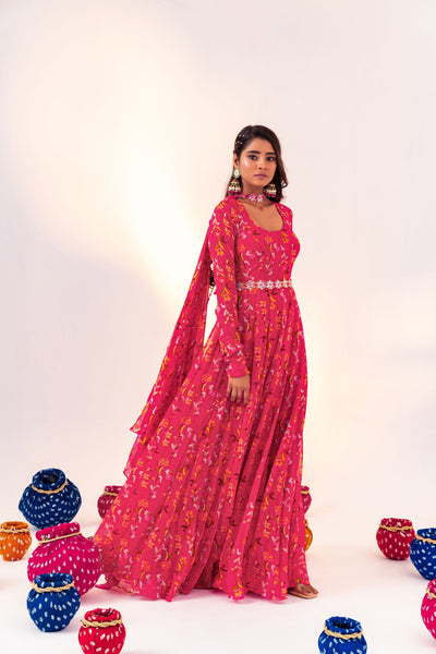 PRINTED SCOOP NECK ANARKALI SET WITH DETACHABLE BELT