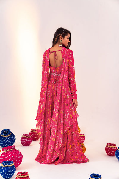 PRINTED SCOOP NECK ANARKALI SET WITH DETACHABLE BELT