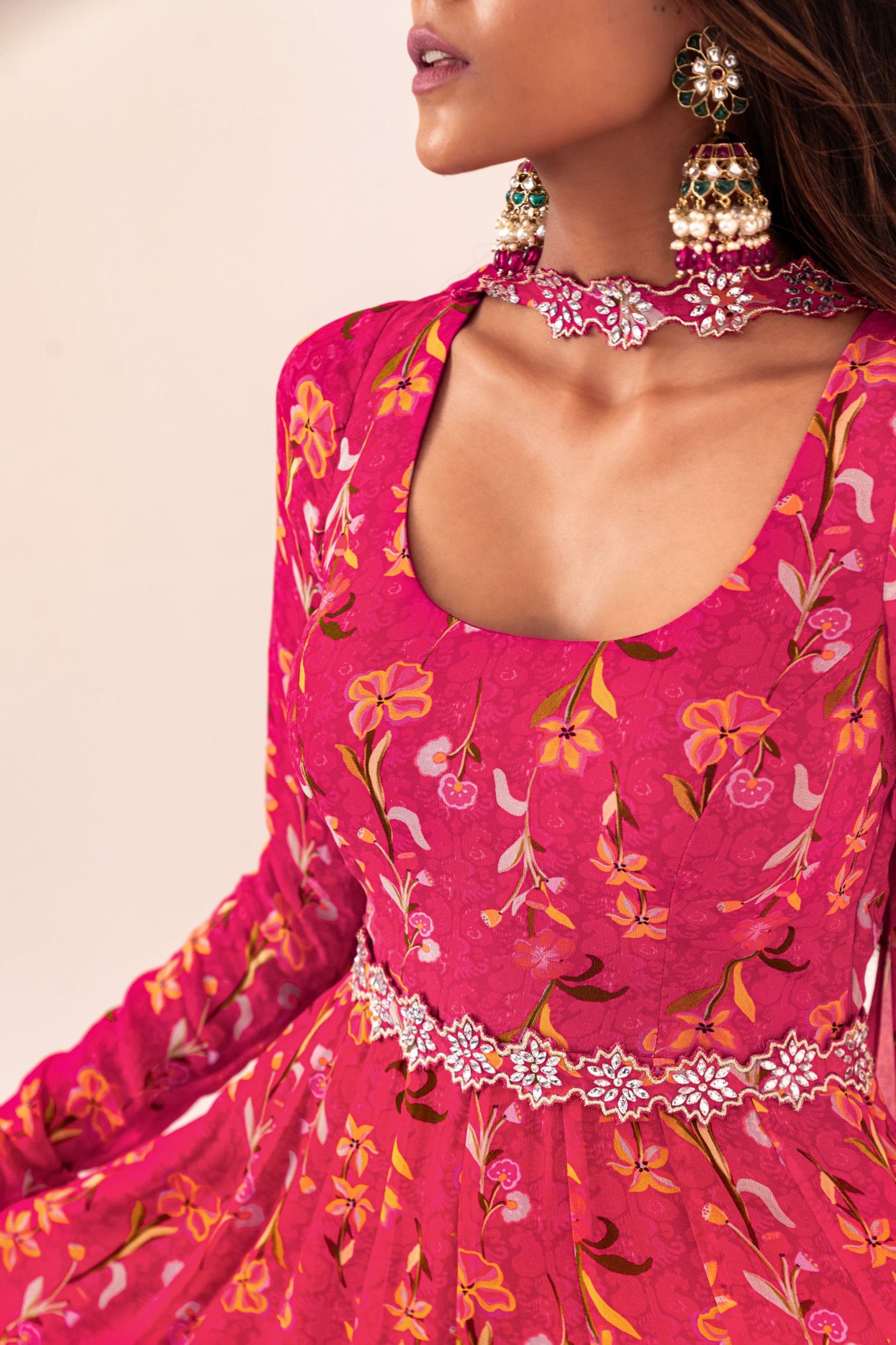 PRINTED SCOOP NECK ANARKALI SET WITH DETACHABLE BELT