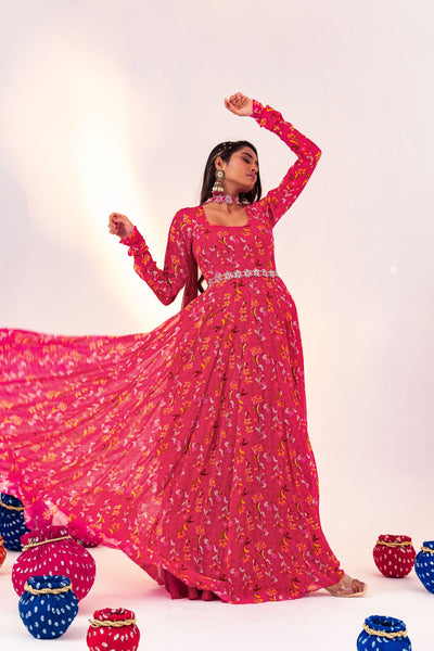 PRINTED SCOOP NECK ANARKALI SET WITH DETACHABLE BELT