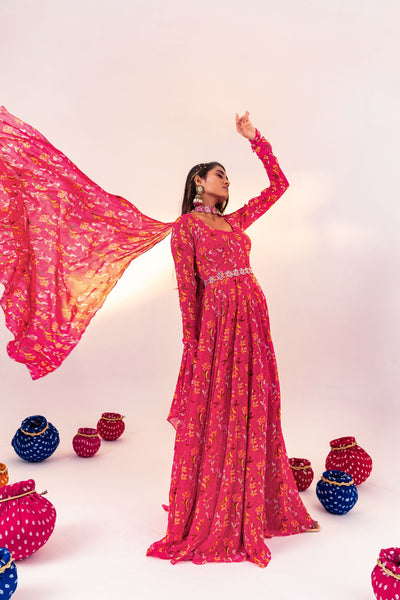PRINTED SCOOP NECK ANARKALI SET WITH DETACHABLE BELT