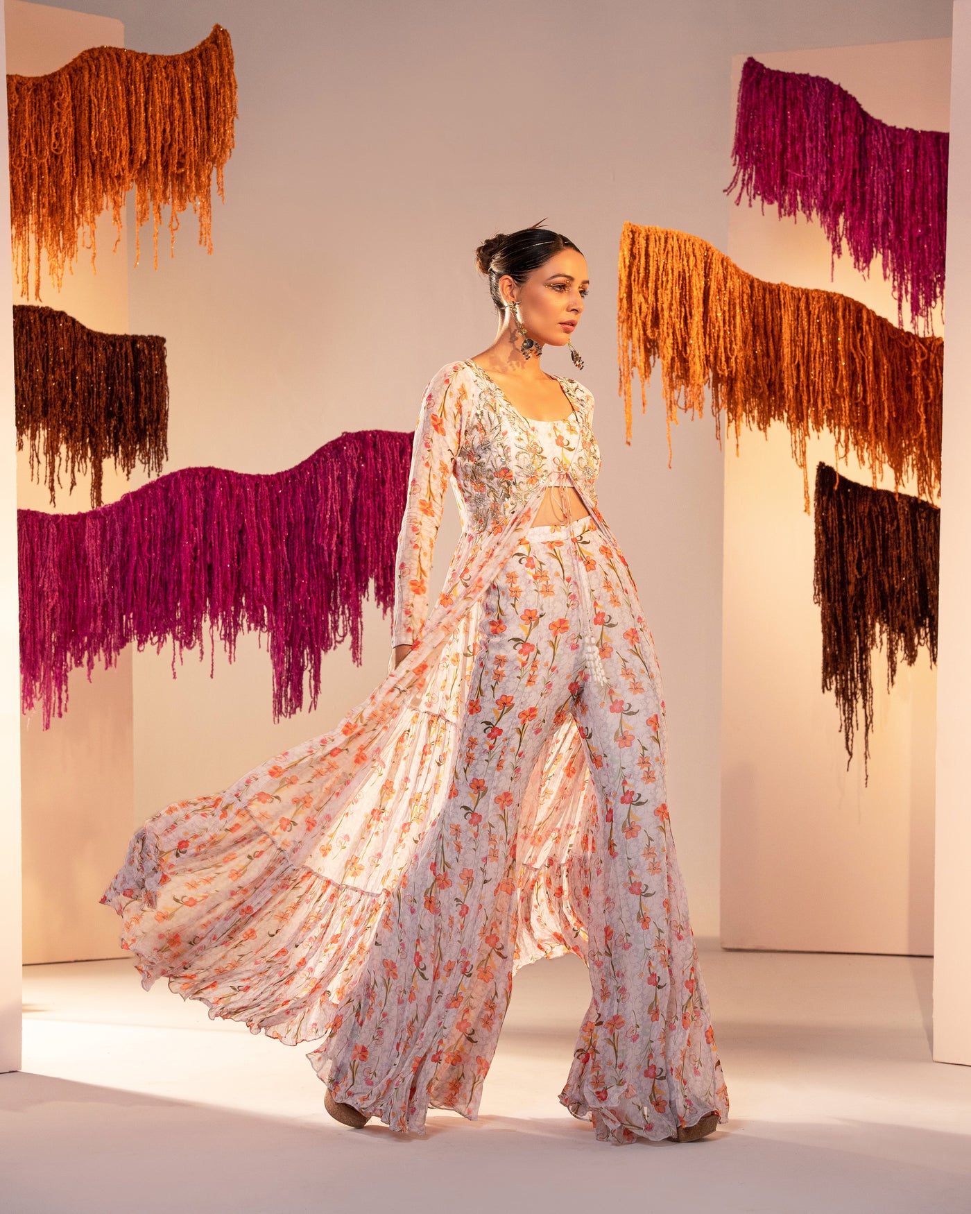 Embroidered Printed Jacket With Strap  Blouse And Bell Bottom Palazzo