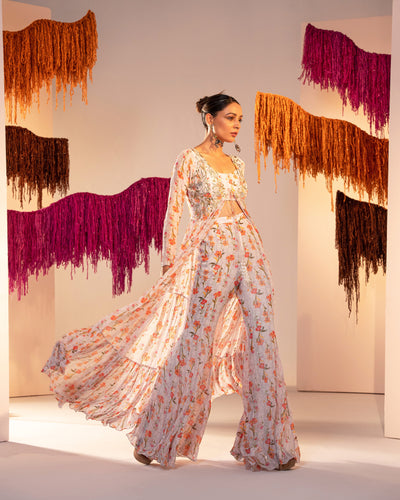 Embroidered Printed Jacket With Strap  Blouse And Bell Bottom Palazzo