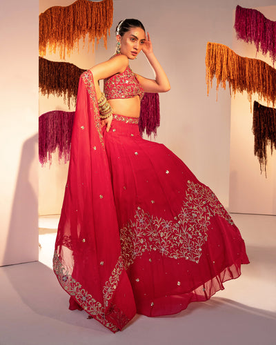 Embroidered Backless Blouse With Lehenga And Embroidered Dupatta  Set