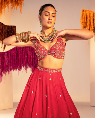 Embroidered Backless Blouse With Lehenga And Embroidered Dupatta  Set