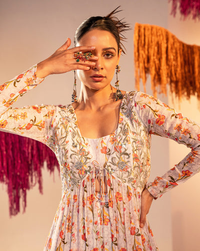 Embroidered Printed Jacket With Strap  Blouse And Bell Bottom Palazzo