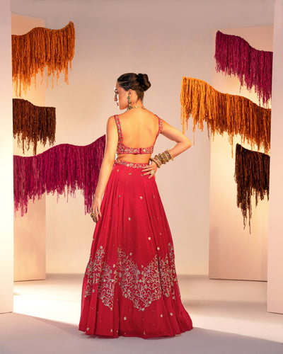 Embroidered Backless Blouse With Lehenga And Embroidered Dupatta  Set