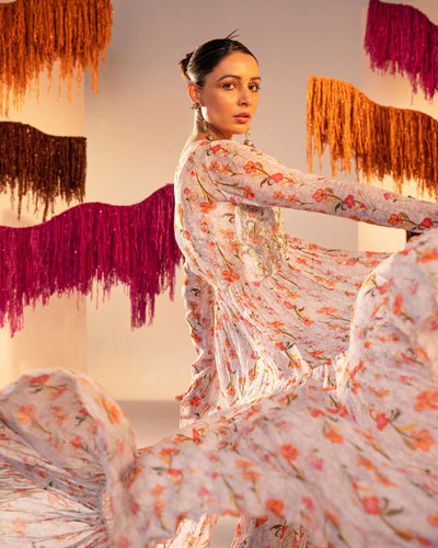 Embroidered Printed Jacket With Strap  Blouse And Bell Bottom Palazzo