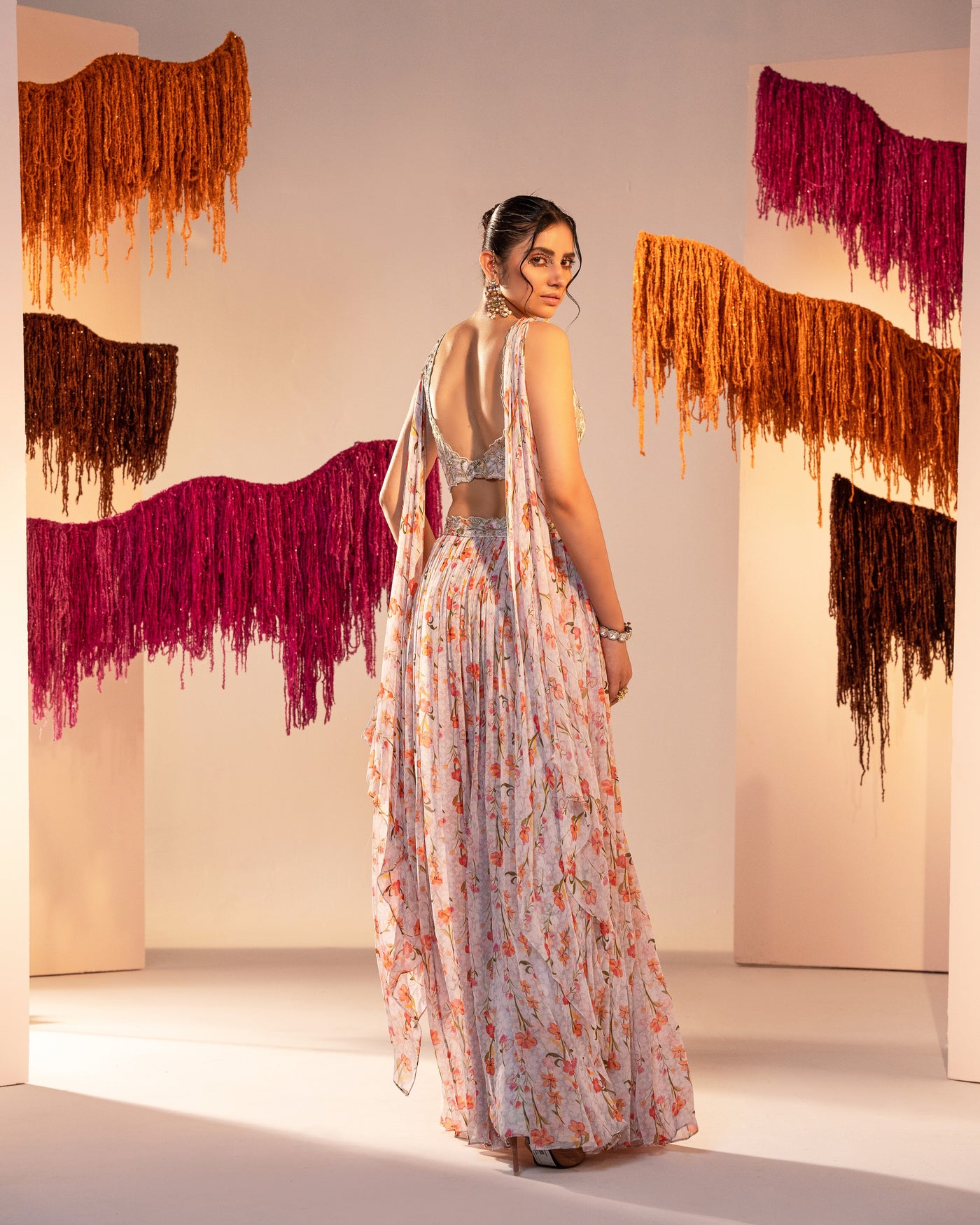V Hem Embroidered Blouse With Drapes And Printed Slit Lehenga