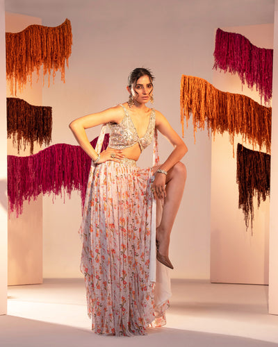 V Hem Embroidered Blouse With Drapes And Printed Slit Lehenga