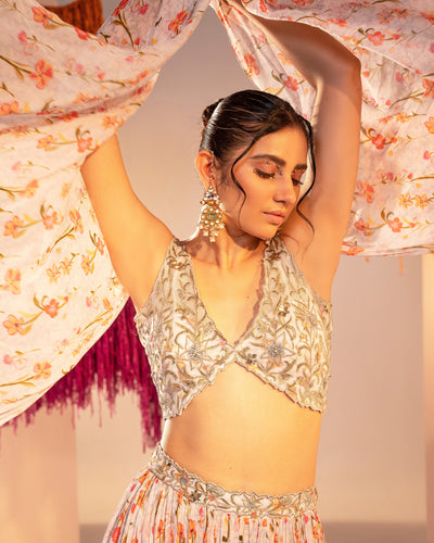 V Hem Embroidered Blouse With Drapes And Printed Slit Lehenga