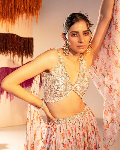 V Hem Embroidered Blouse With Drapes And Printed Slit Lehenga
