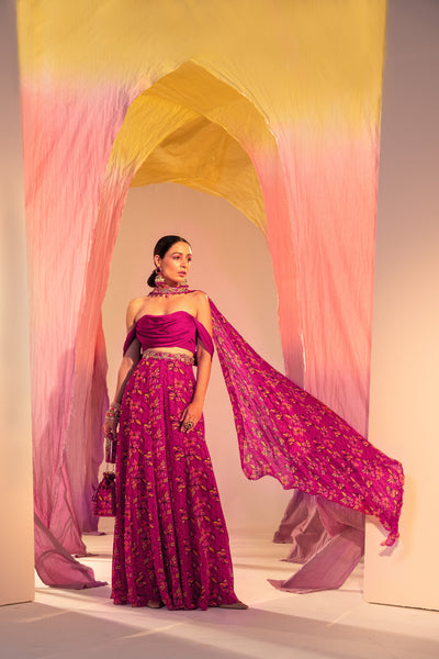 Cowl Blouse And Printed Palazzo With Choker Dupatta
