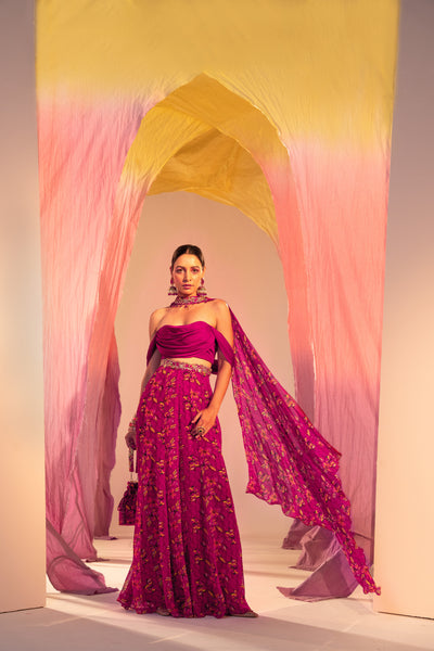 Cowl Blouse And Printed Palazzo With Choker Dupatta