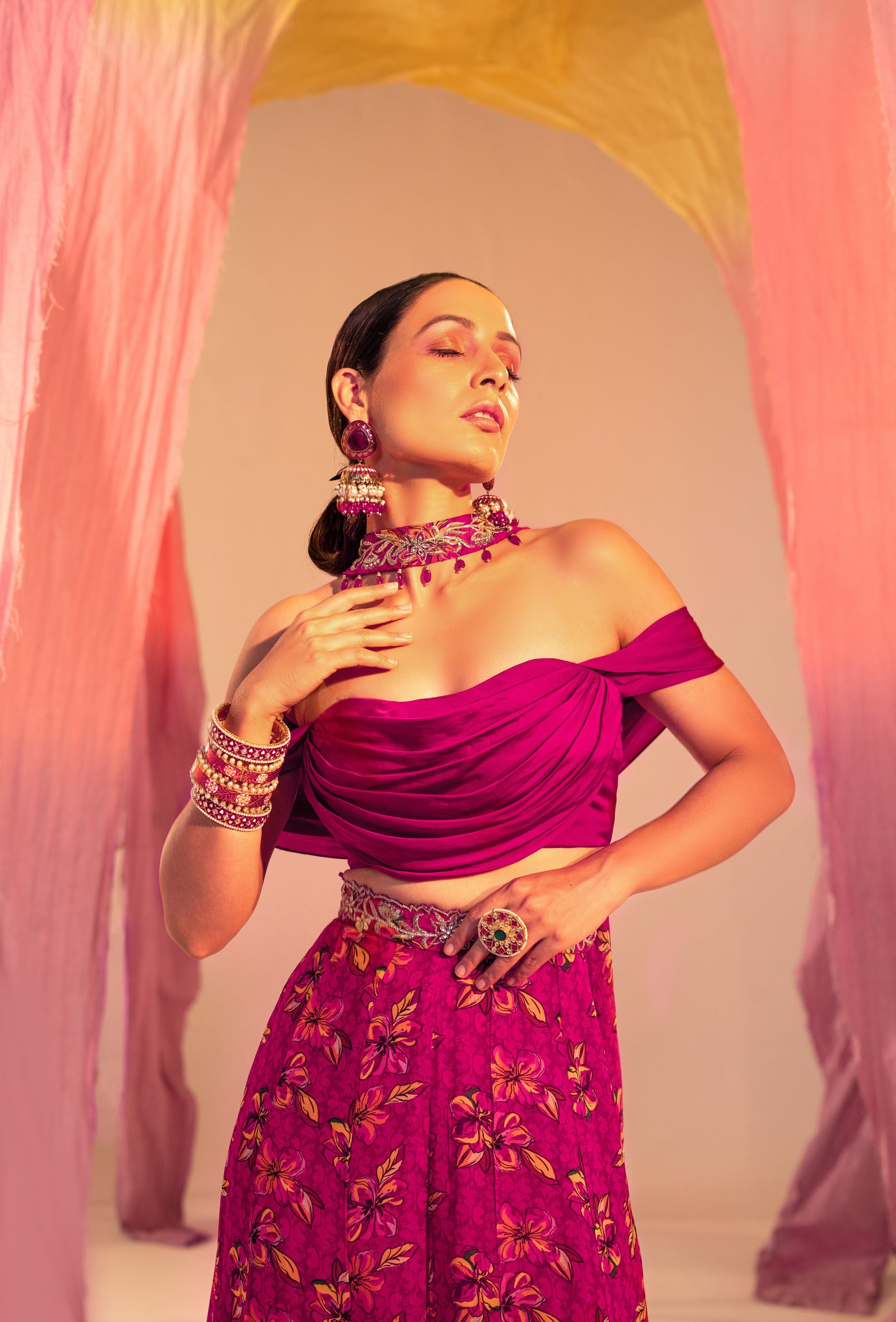 Cowl Blouse And Printed Palazzo With Choker Dupatta
