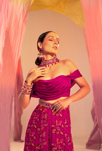 Cowl Blouse And Printed Palazzo With Choker Dupatta
