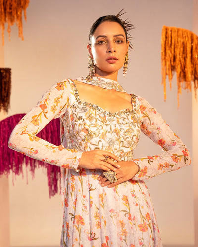 Full Sleeve Printed Corset Anarkali With Choker Dupatta