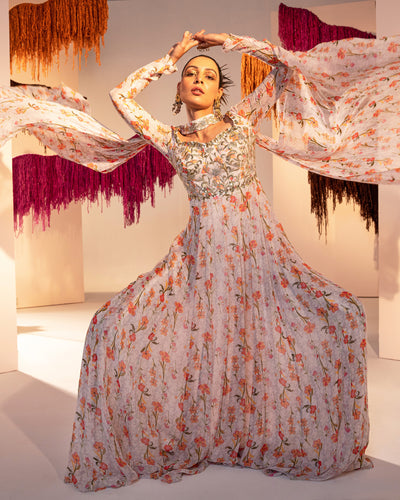 Full Sleeve Printed Corset Anarkali With Choker Dupatta