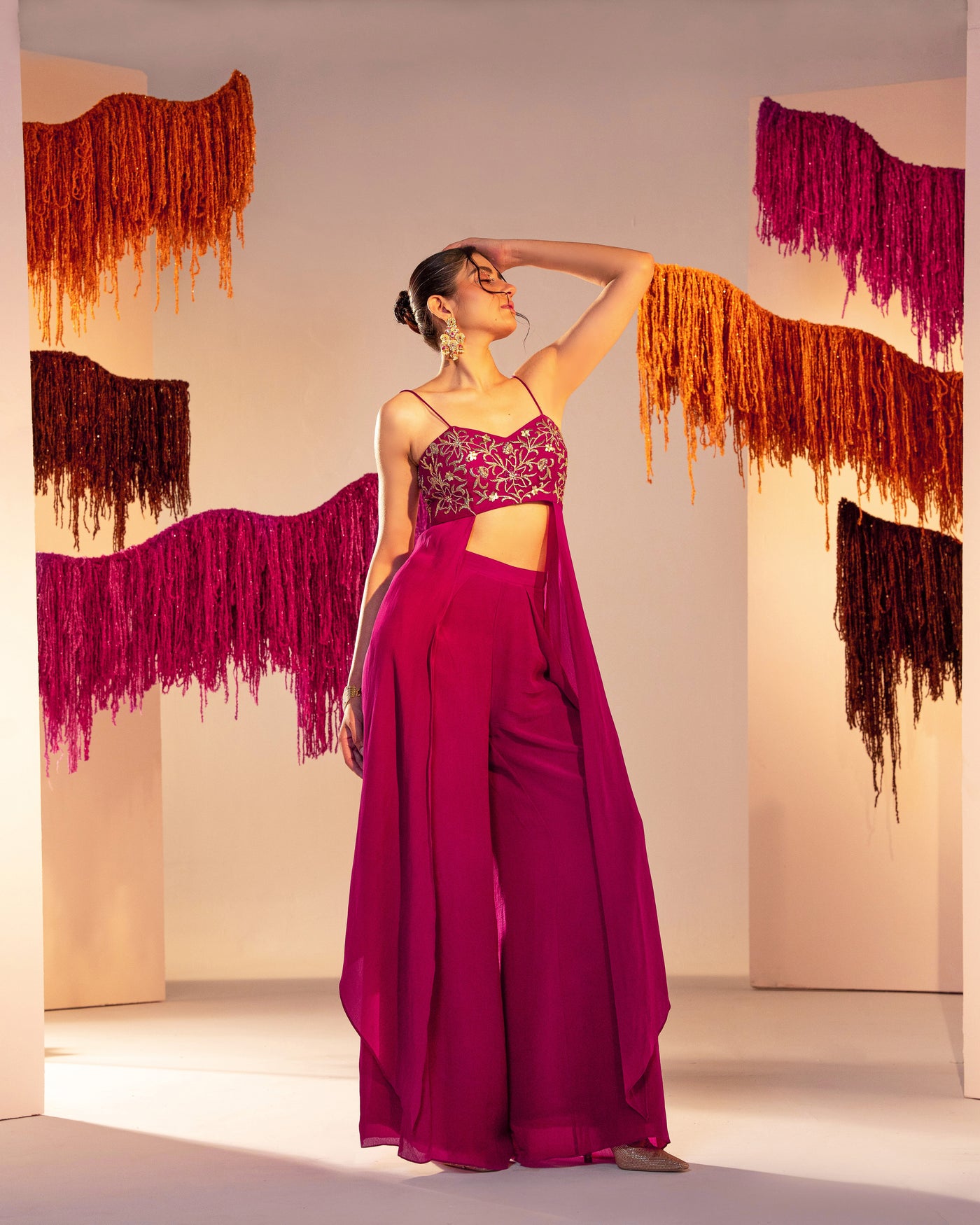 Embroidered Side Panel Blouse And High Waist Flared Pants