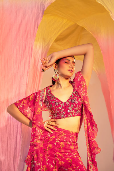 Embroidered V Hem Blouse And Printed Straight Pants With Frill Dupatta Set