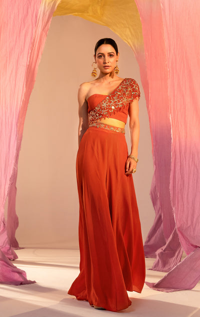 Embroidered One-Shoulder Tube Blouse With Palazzo Set
