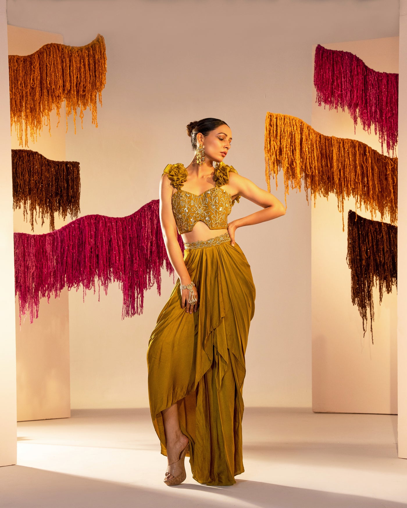 Embroidered Corset With Ruffle Straps And Draped Skirt