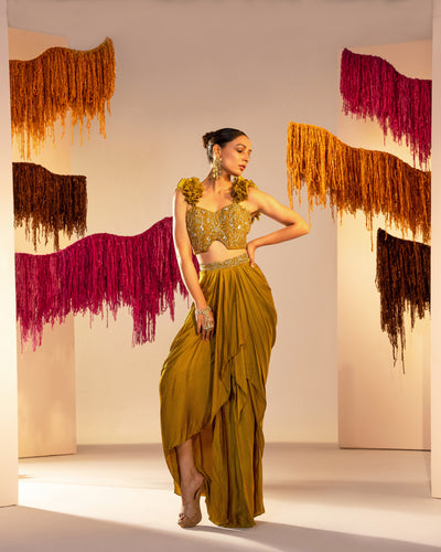Embroidered Corset With Ruffle Straps And Draped Skirt