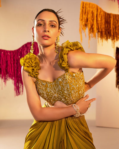 Embroidered Corset With Ruffle Straps And Draped Skirt