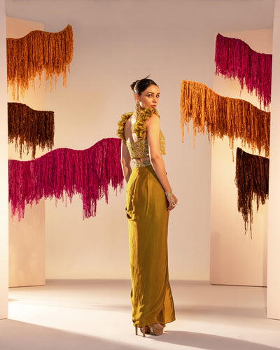 Embroidered Corset With Ruffle Straps And Draped Skirt