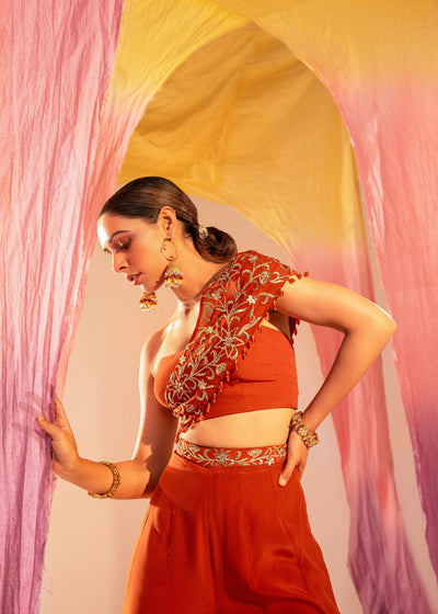 Embroidered One-Shoulder Tube Blouse With Palazzo Set
