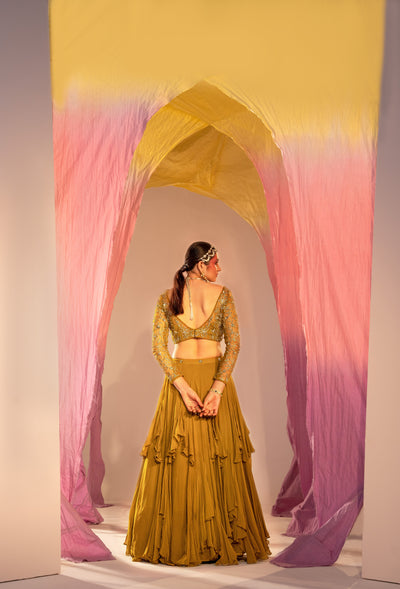 V Hem Full-Sleeve Embroidered Blouse With Frill Lehenga Set