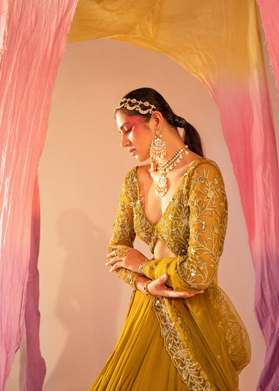 V Hem Full-Sleeve Embroidered Blouse With Frill Lehenga Set