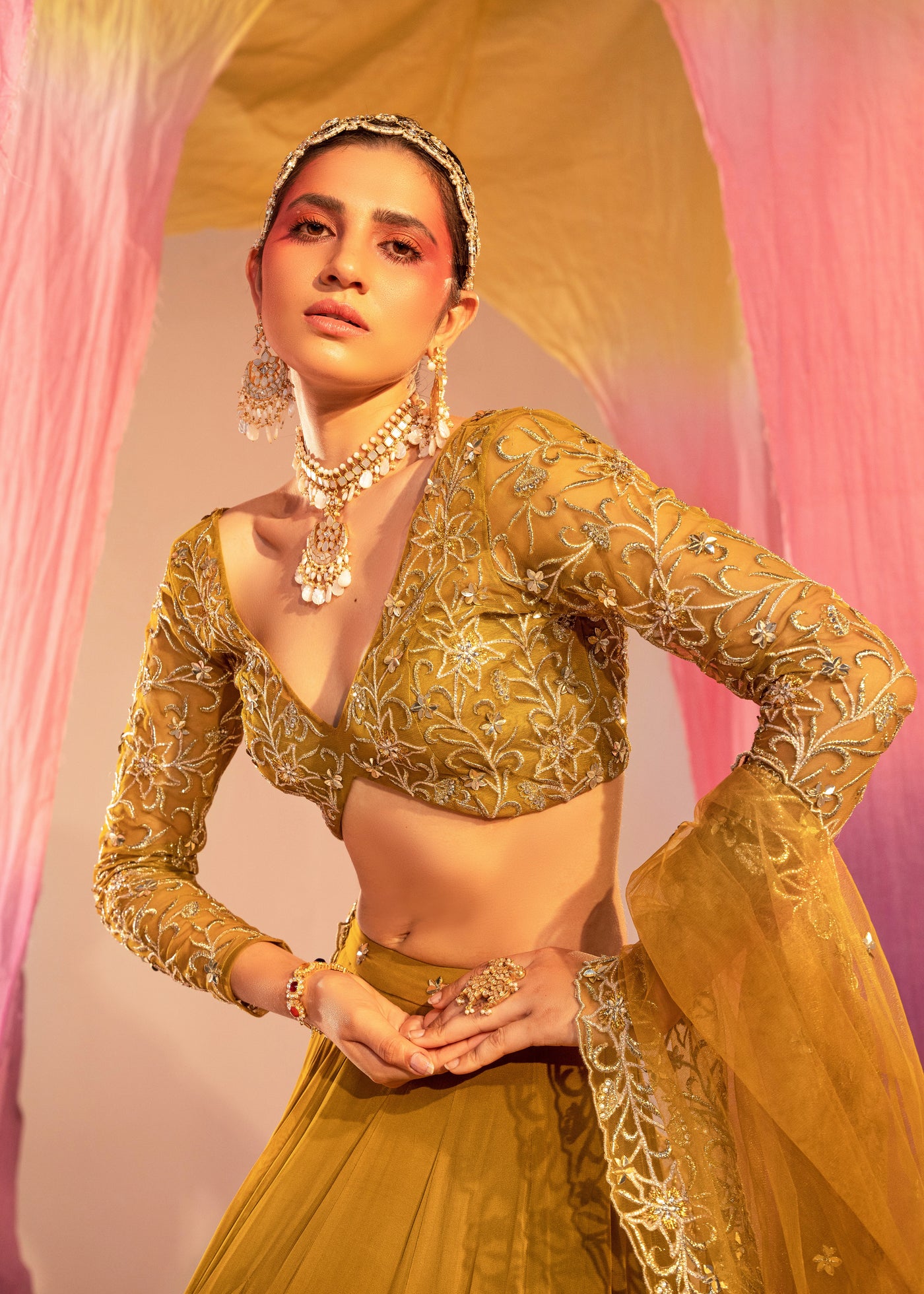 V Hem Full-Sleeve Embroidered Blouse With Frill Lehenga Set