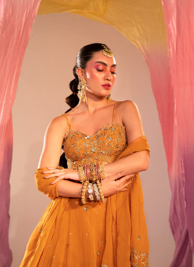 V Hem Embroidered Blouse With Lehenga And Embroidered Dupatta Set