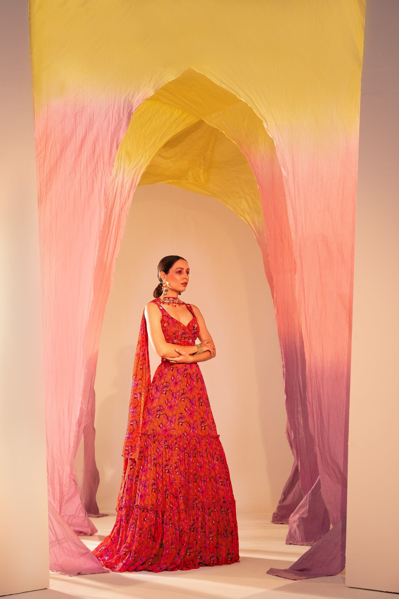 Printed Wrap Around Blouse And 3 Tiered Lehenga With Choker Dupatta