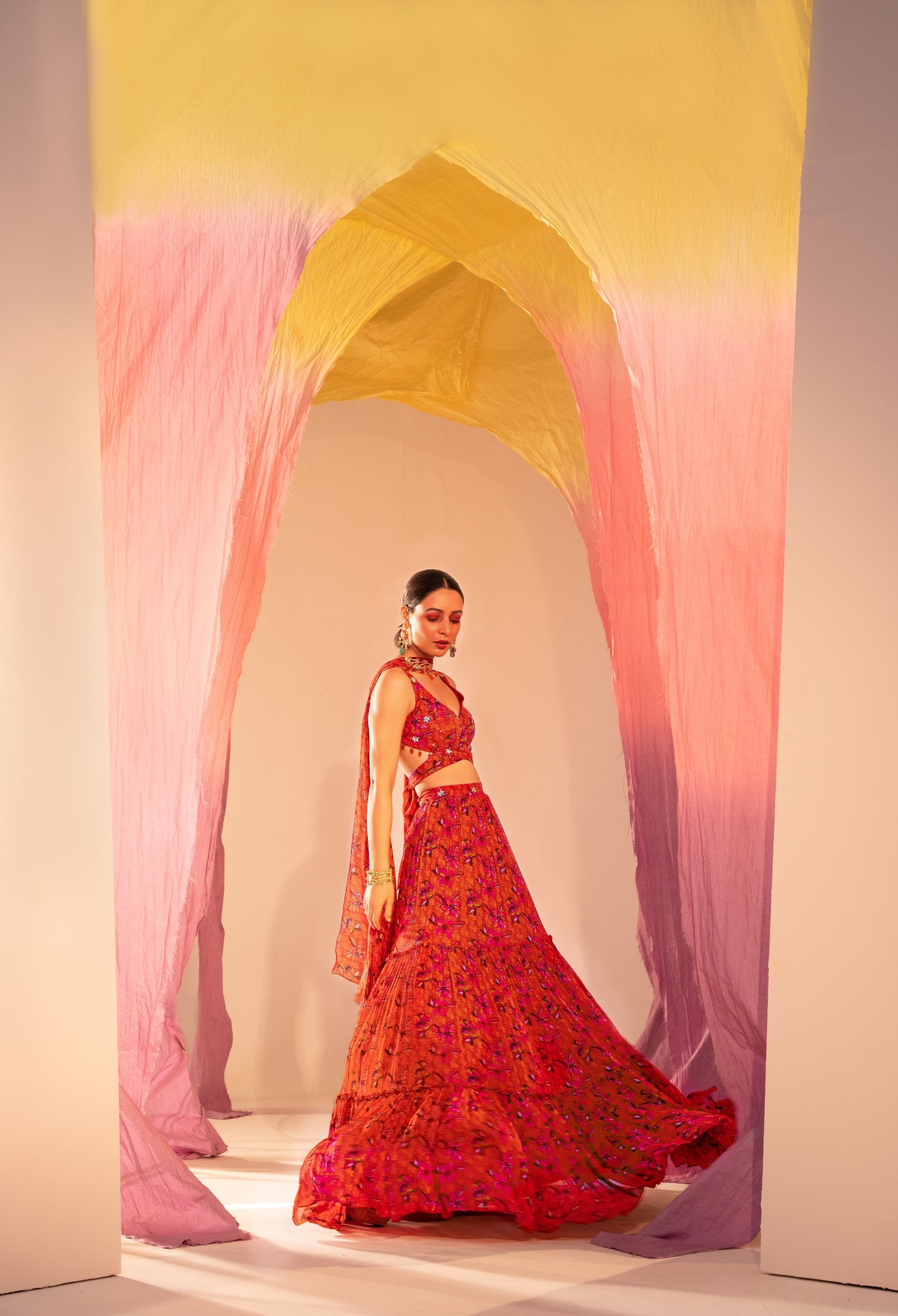 Printed Wrap Around Blouse And 3 Tiered Lehenga With Choker Dupatta