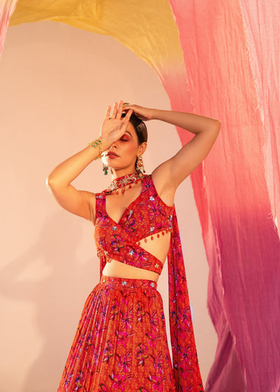 Printed Wrap Around Blouse And 3 Tiered Lehenga With Choker Dupatta