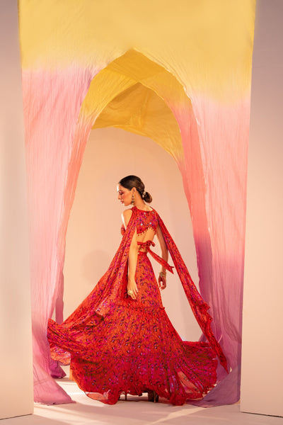 Printed Wrap Around Blouse And 3 Tiered Lehenga With Choker Dupatta