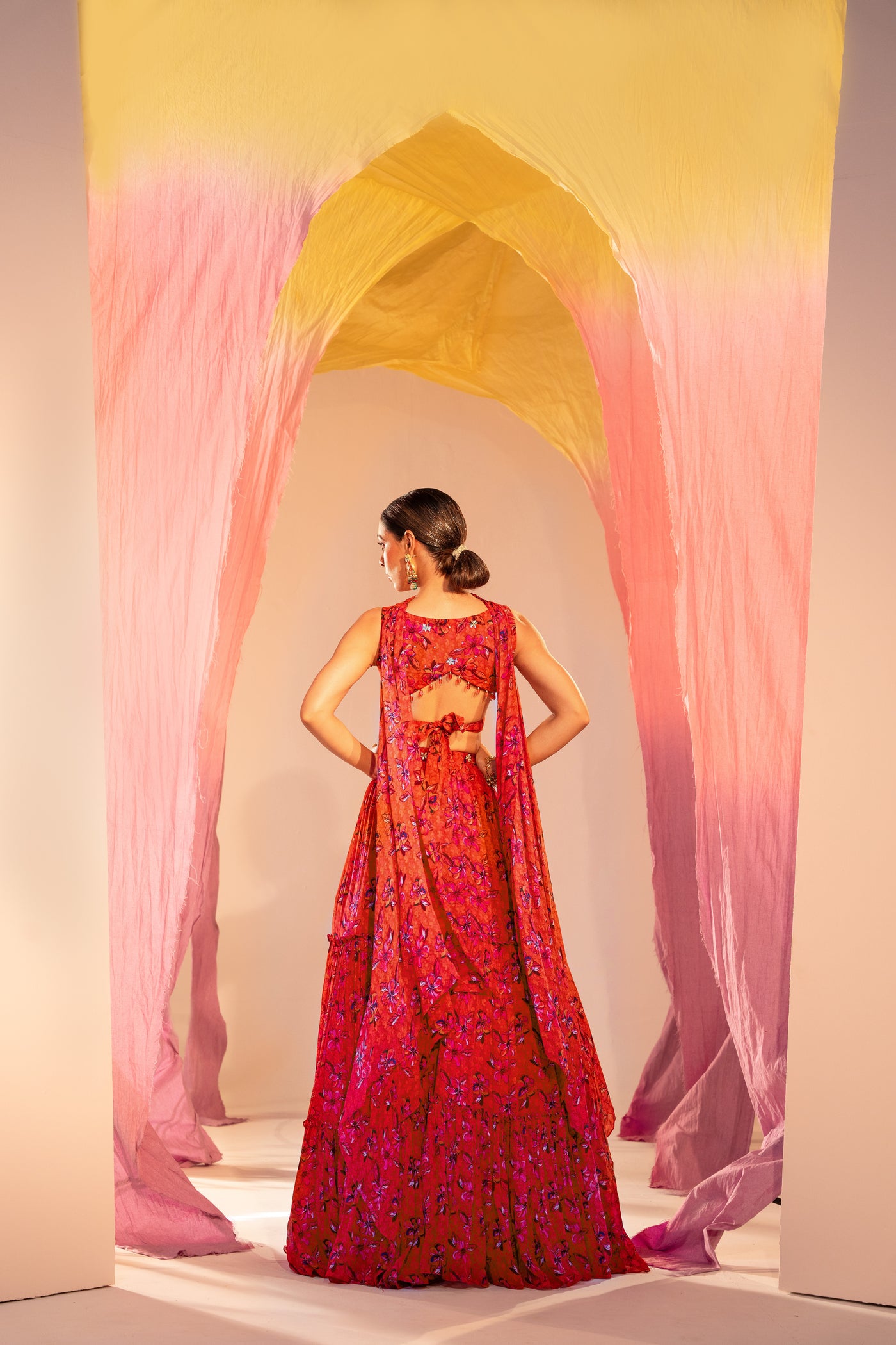 Printed Wrap Around Blouse And 3 Tiered Lehenga With Choker Dupatta