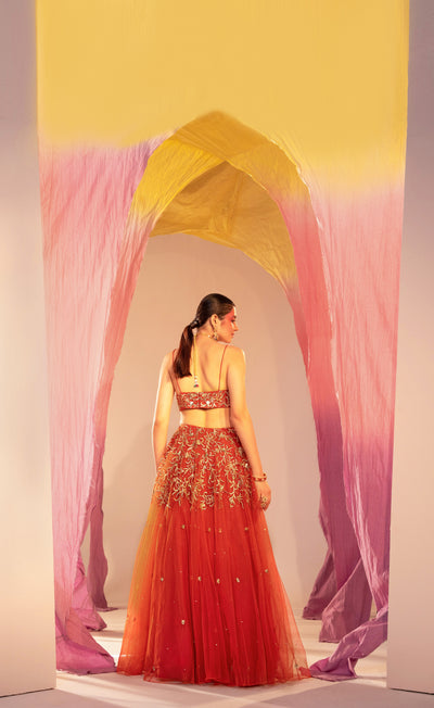 Embroidered V Hem Bustier Lehenga And Embroidered Dupatta Set