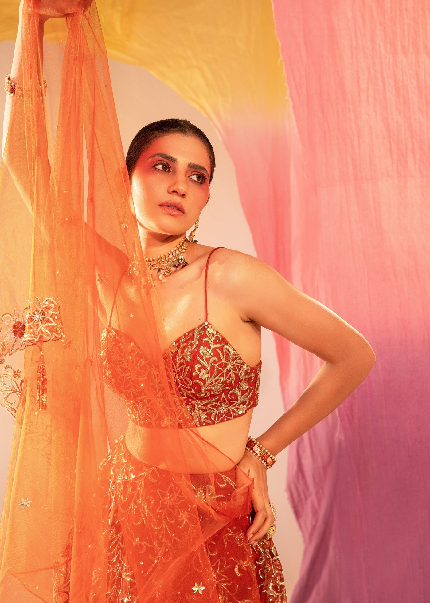 Embroidered V Hem Bustier Lehenga And Embroidered Dupatta Set