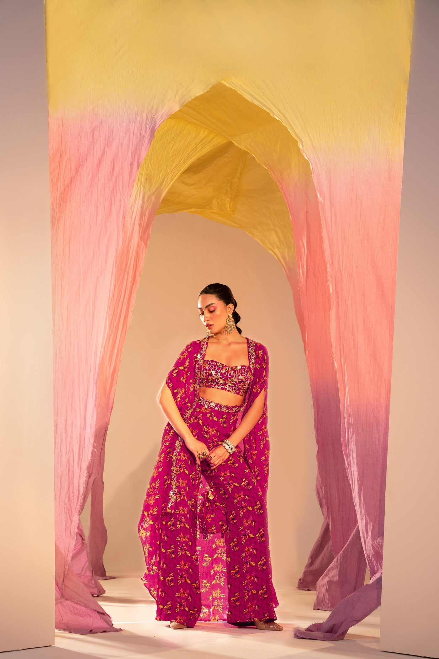 Printed Cape With  Embroidered Tube Blouse And Printed Straight Pants