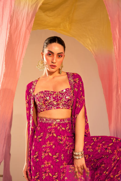Printed Cape With  Embroidered Tube Blouse And Printed Straight Pants