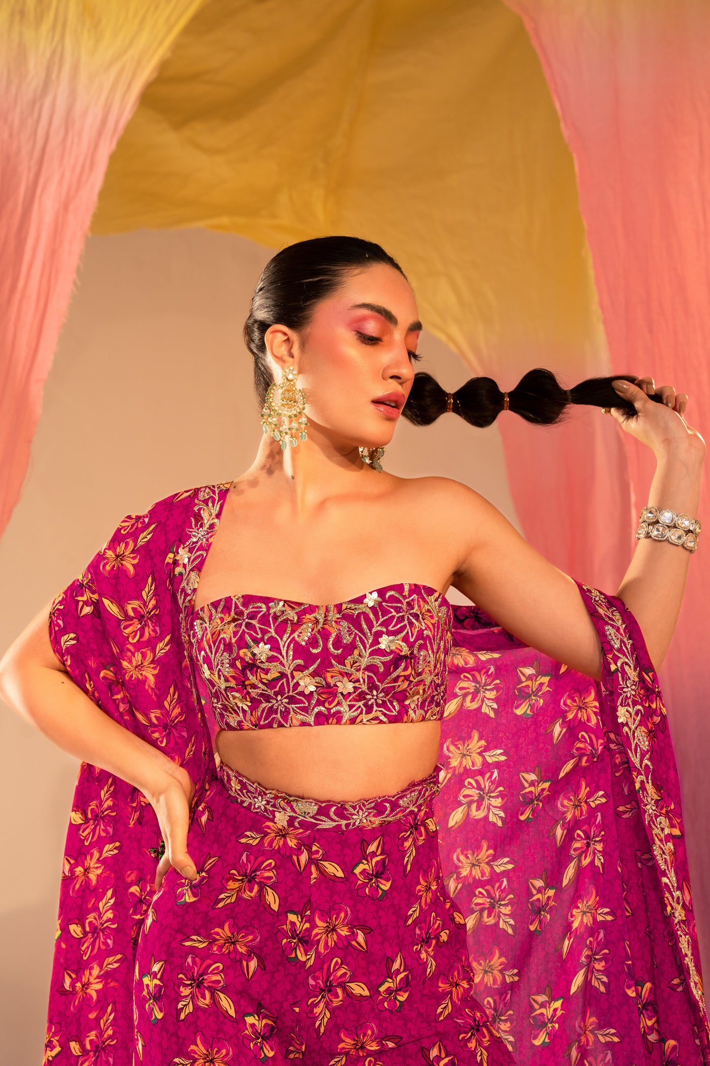 Printed Cape With  Embroidered Tube Blouse And Printed Straight Pants