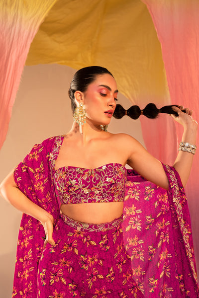 Printed Cape With  Embroidered Tube Blouse And Printed Straight Pants