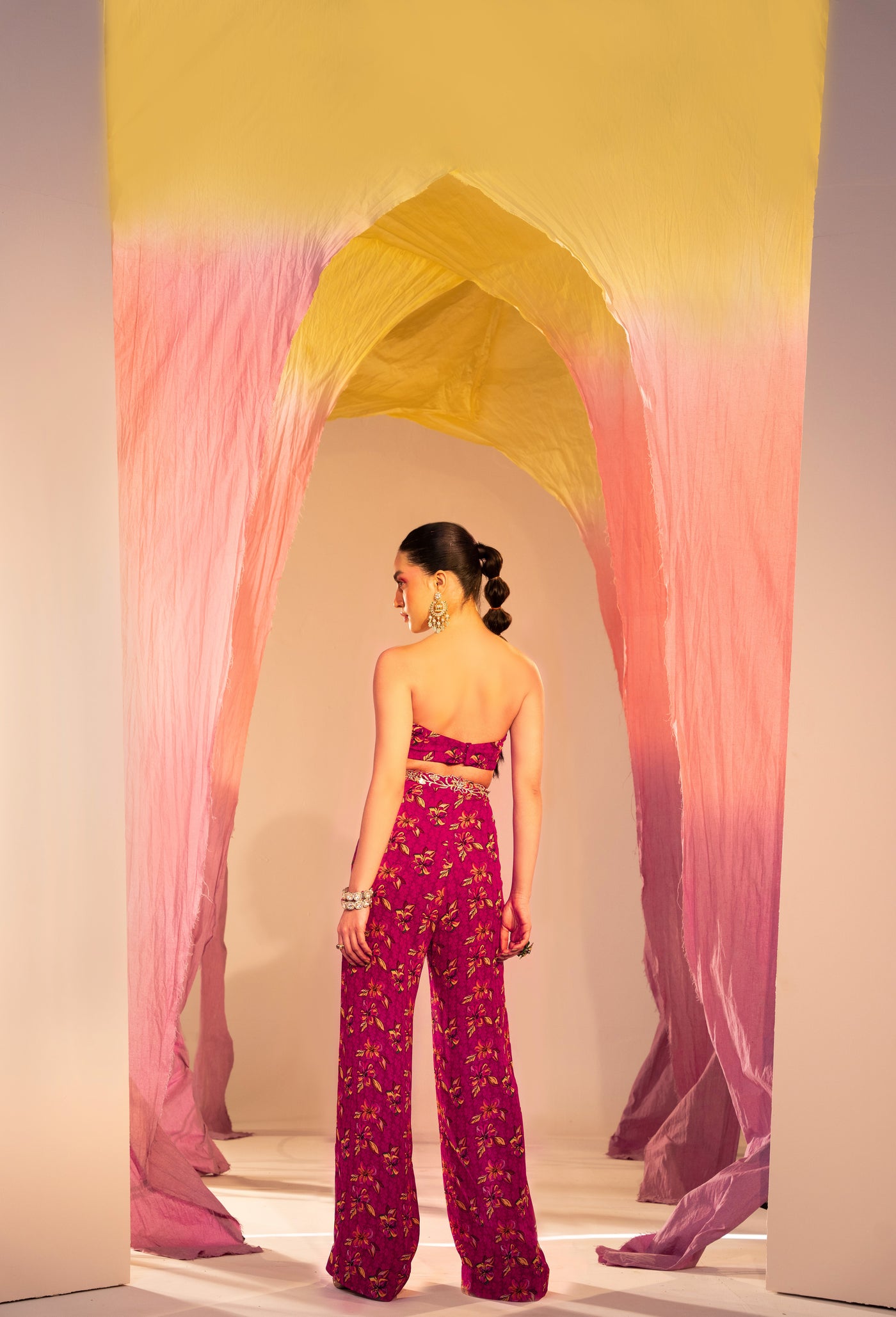 Printed Cape With  Embroidered Tube Blouse And Printed Straight Pants